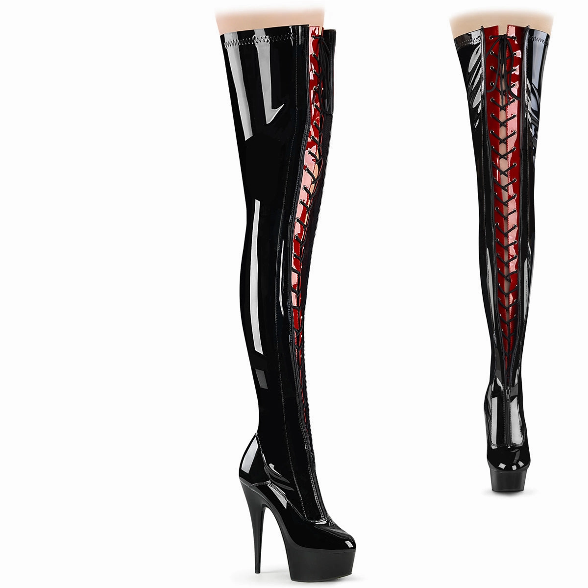 6 Inch Heel DELIGHT-3027 Black-Red Stretch Pat Comfortable Dress Boots