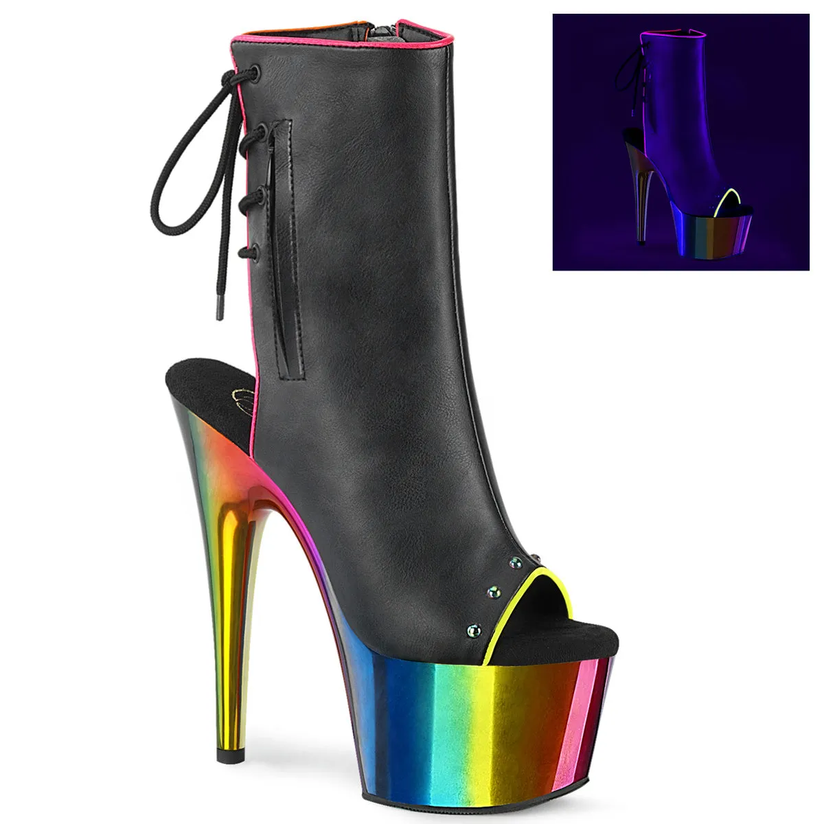 7 Inch Heel ADORE-1018RC-02 Black Pu Rainbow Chrome Horse Bell Boots