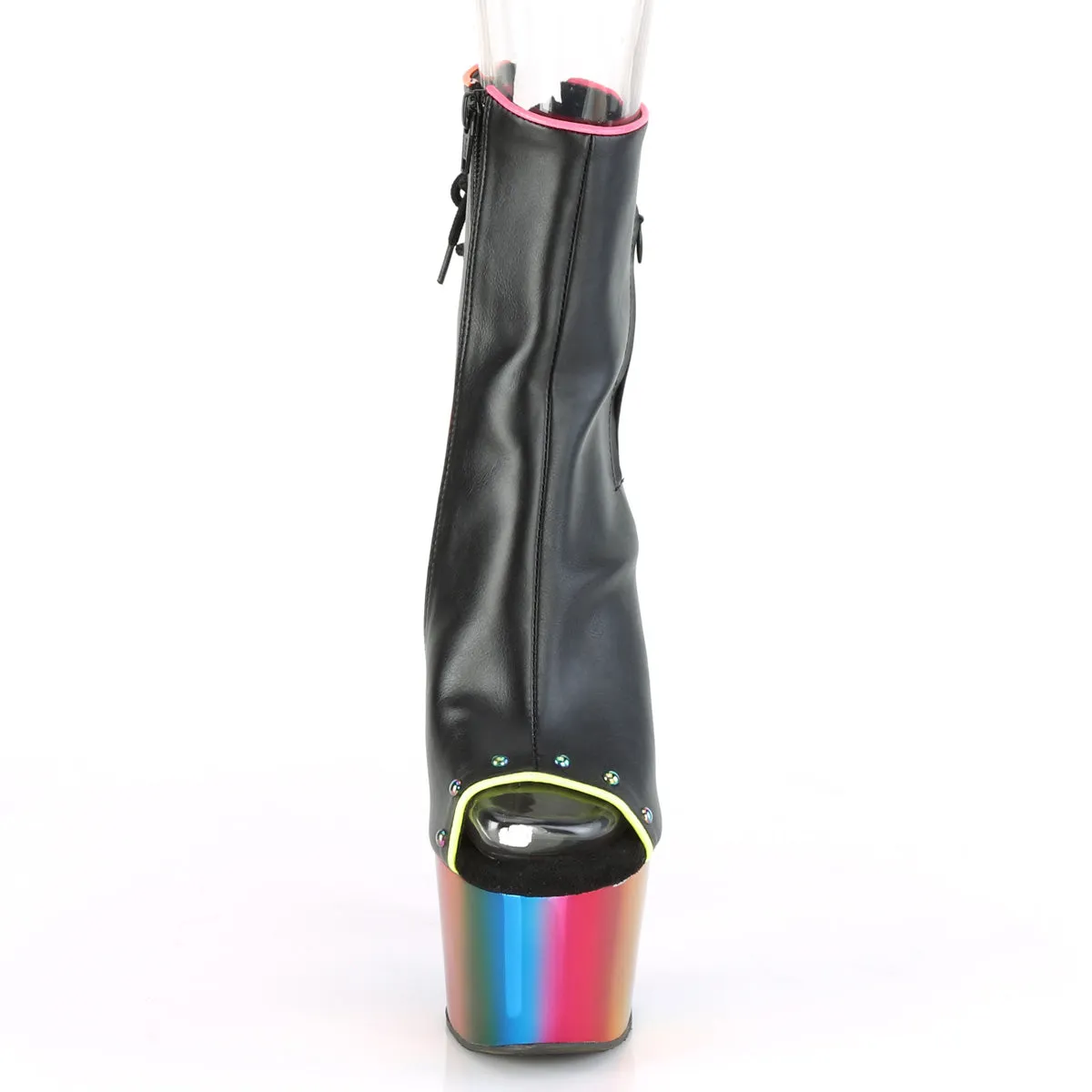 7 Inch Heel ADORE-1018RC-02 Black Pu Rainbow Chrome Tall Moto Boots