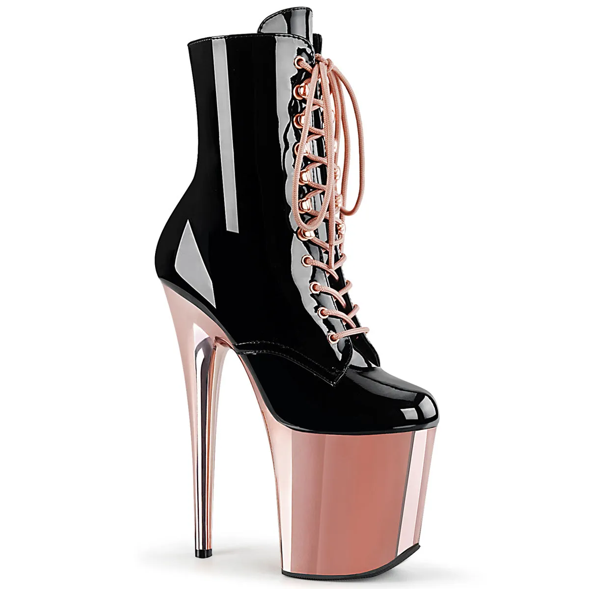 8 Inch Heel FLAMINGO-1020 Black Pat Rose Gold Chrome Slouchy Over The Knee Boots