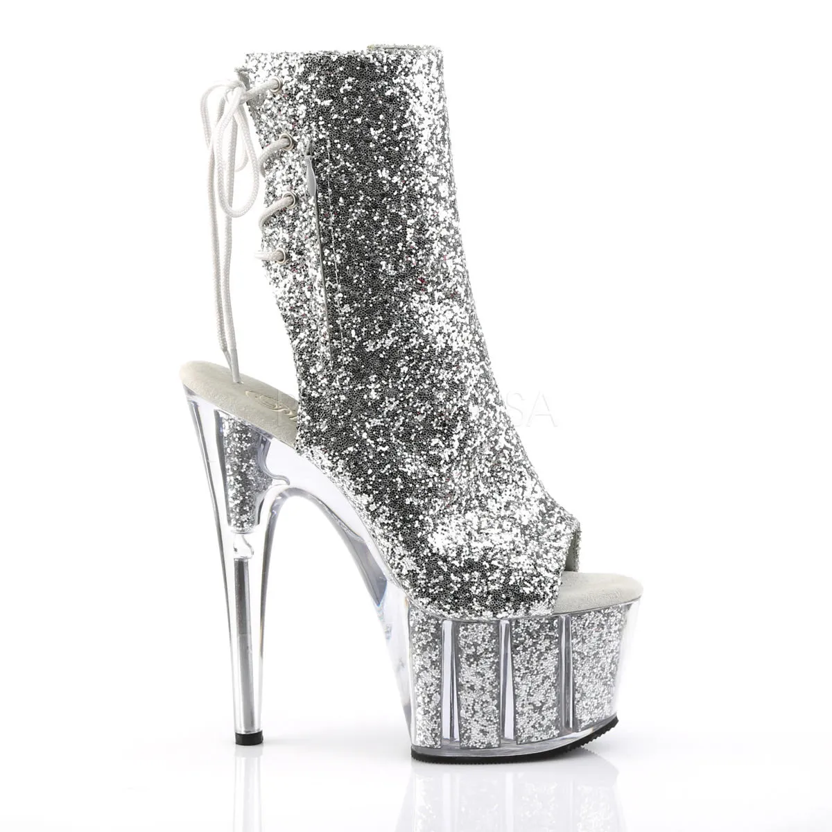 7 Inch Heel ADORE-1018G Silver Glitter Boots Slip On