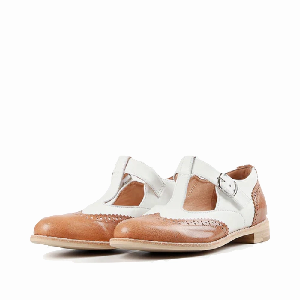 Wedge Mule Sandals All Black Women's Belted Wings Leather Mary Jane (Brown/White)