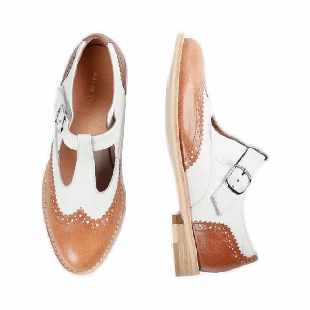 Sandals High Platform All Black Women's Belted Wings Leather Mary Jane (Brown/White)