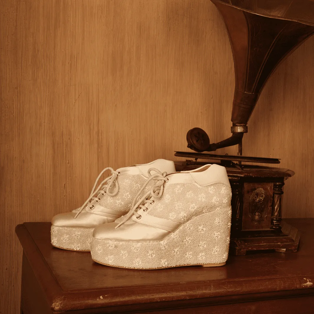 Custom White sneaker wedges beaded embroidery. Tallest High Heels Ever
