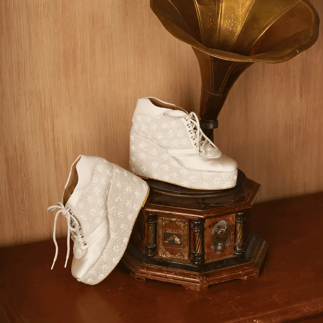 Knee High Boots With Heel Custom White sneaker wedges beaded embroidery.