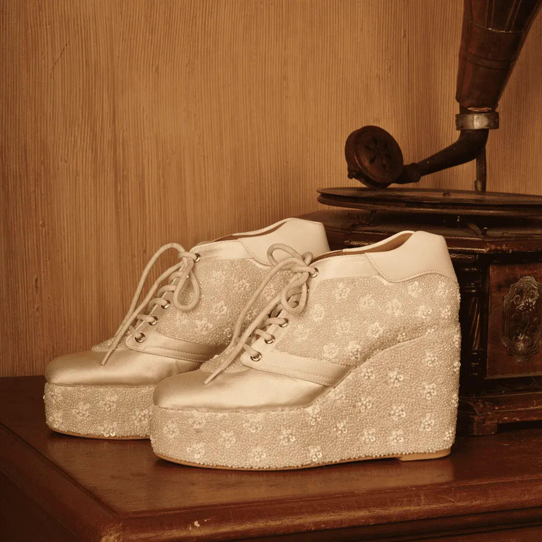 Custom White sneaker wedges beaded embroidery. Strippers Heels