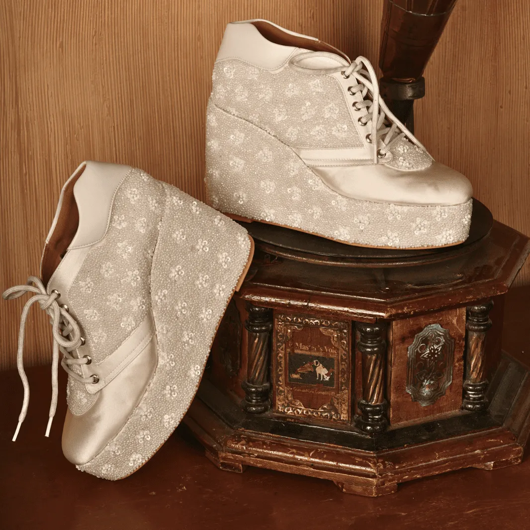 Custom White sneaker wedges beaded embroidery. Fiber High Heels