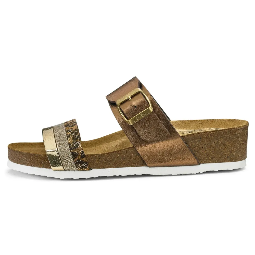 Plus Size Sandals For Wide Feet Ara Bonnie Gold/Leo/Bronze Cork Wedge Slide Sandal (Women's)