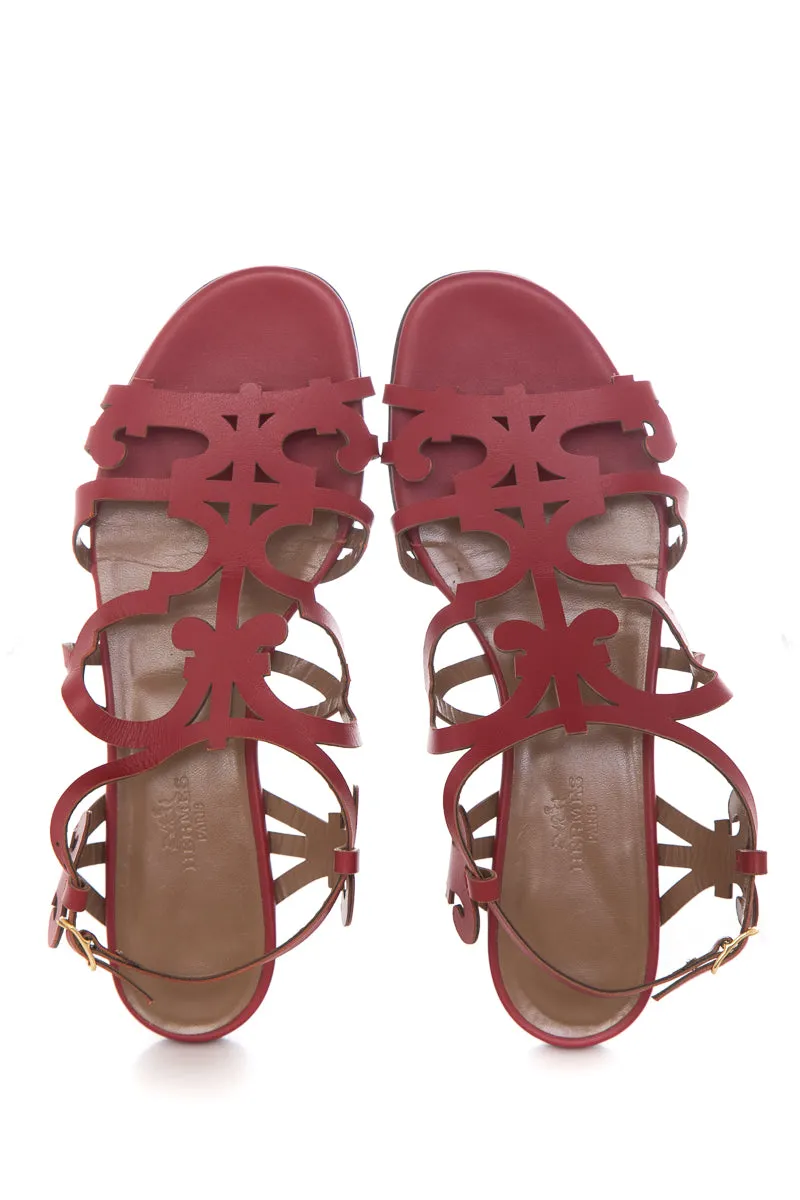 Herms Red Karlotta Sandals SZ 37.5 Wedge Comfortable Sandals