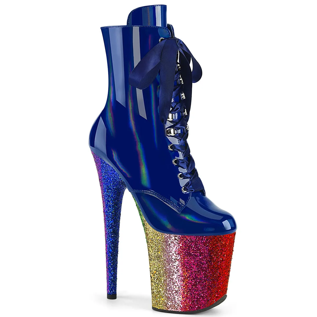 Knee High Boots Chunky 8 Inch Heel FLAMINGO-1020HG Royal Blue Holo Patent