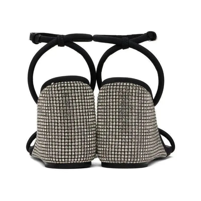 Leather Sandals Flat Strap Wedge Sandals - Rhinestones