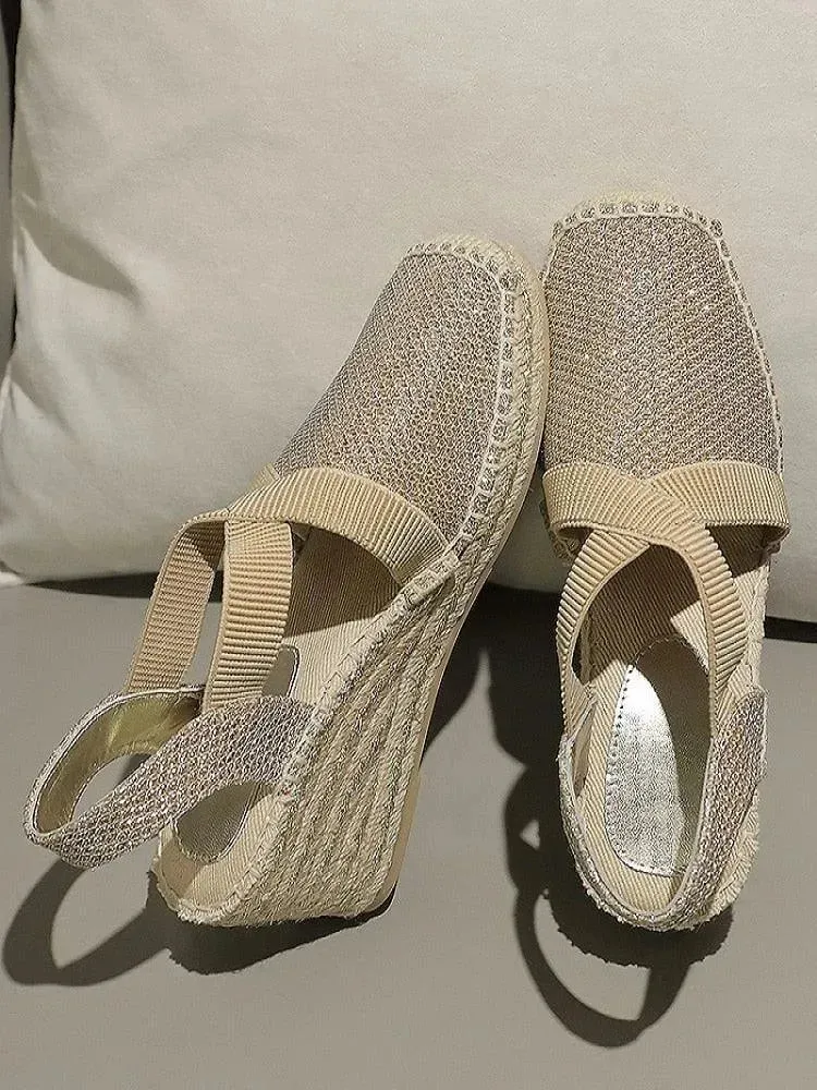 Straw Wedge Sandals Casual Stitched Wedge Sandals