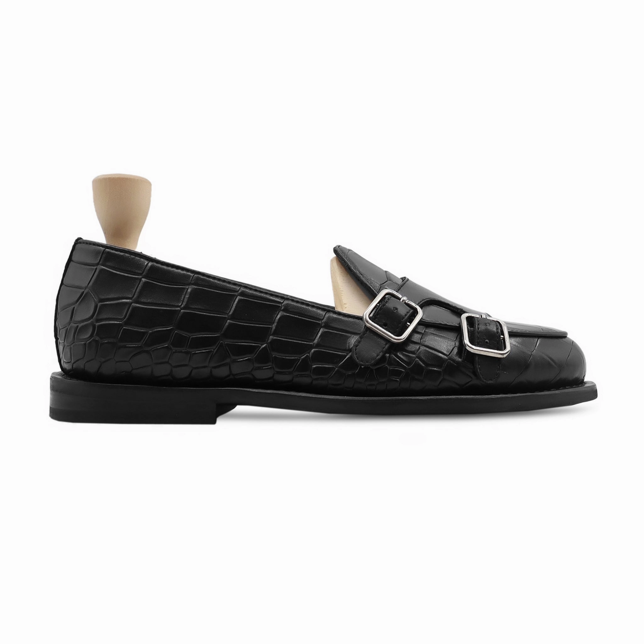 Sebastian Gy - Men's Black Calf Leather Double Monkstrap Gucci Rubber Loafers