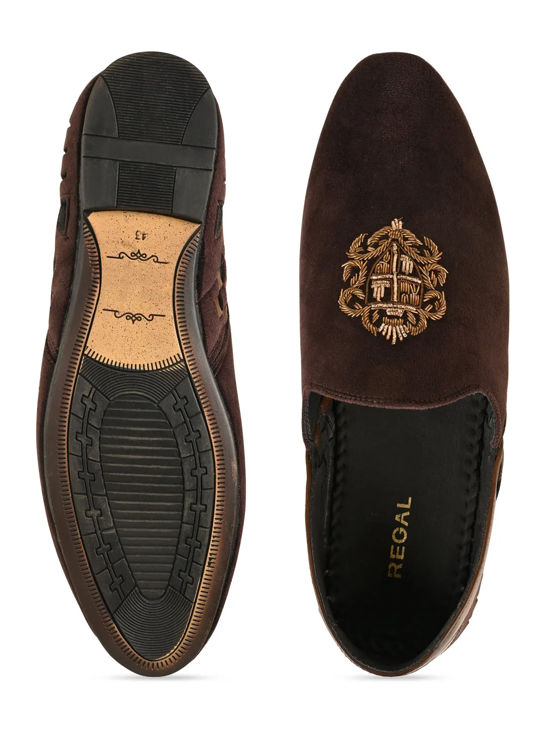Regal Brown Men Velvet Embroidered Ethnic Slip Ons Slip On Trainers