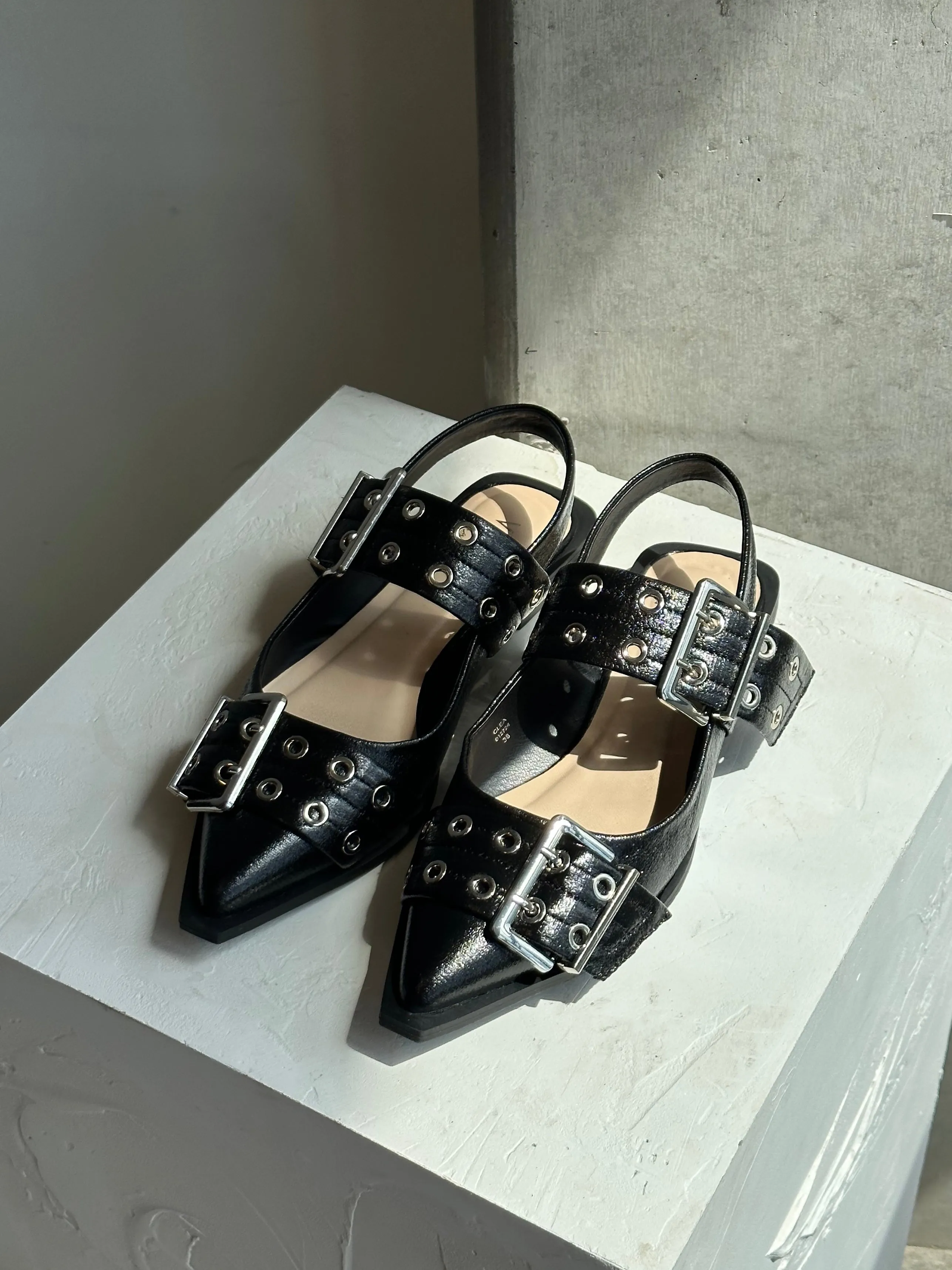 Fancy Flat Shoes Clea Slingback Buckle Flats - Black Crinkle