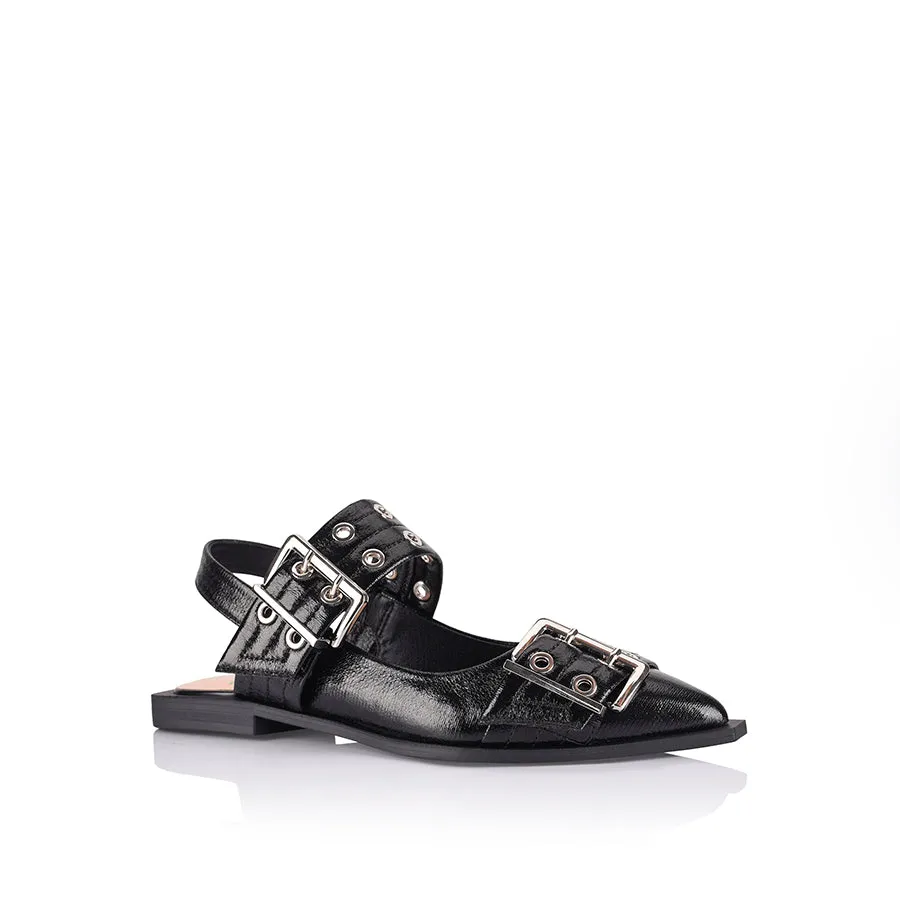 Brown Shoe Laces Clea Slingback Buckle Flats - Black Crinkle
