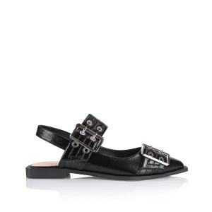 Flat Funeral Shoes Clea Slingback Buckle Flats - Black Crinkle