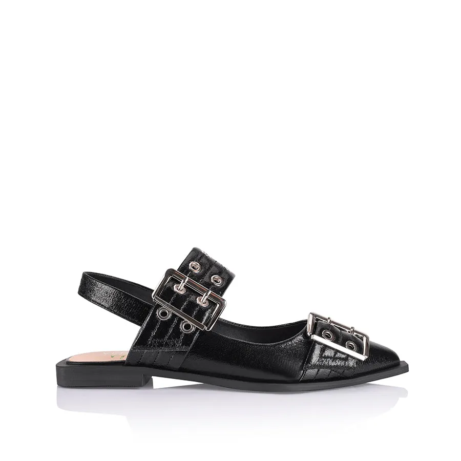 Clea Slingback Buckle Flats - Black Crinkle Fabric Flat Shoes