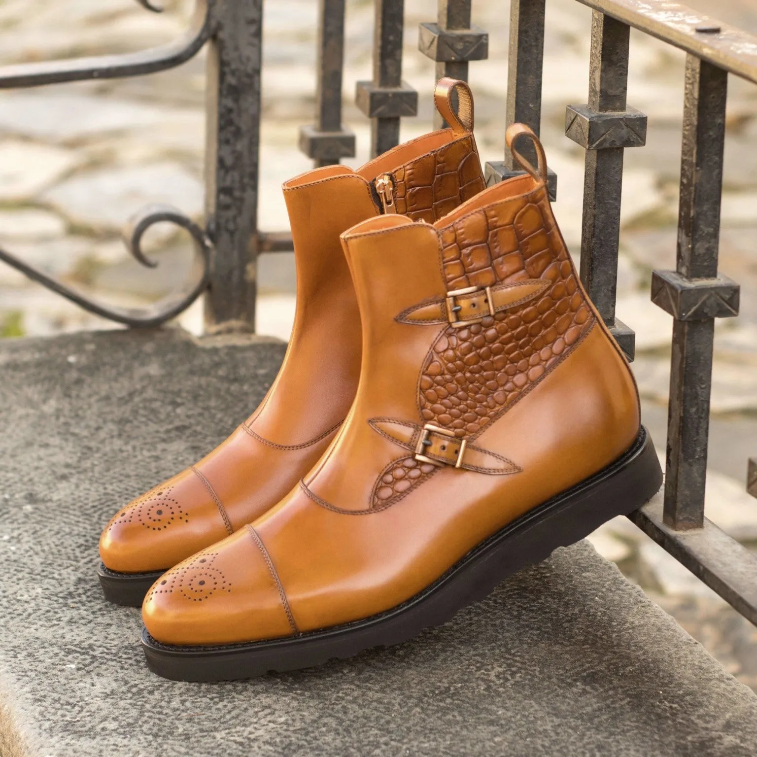 Cognac Calf & Croco Double-Monk Boots