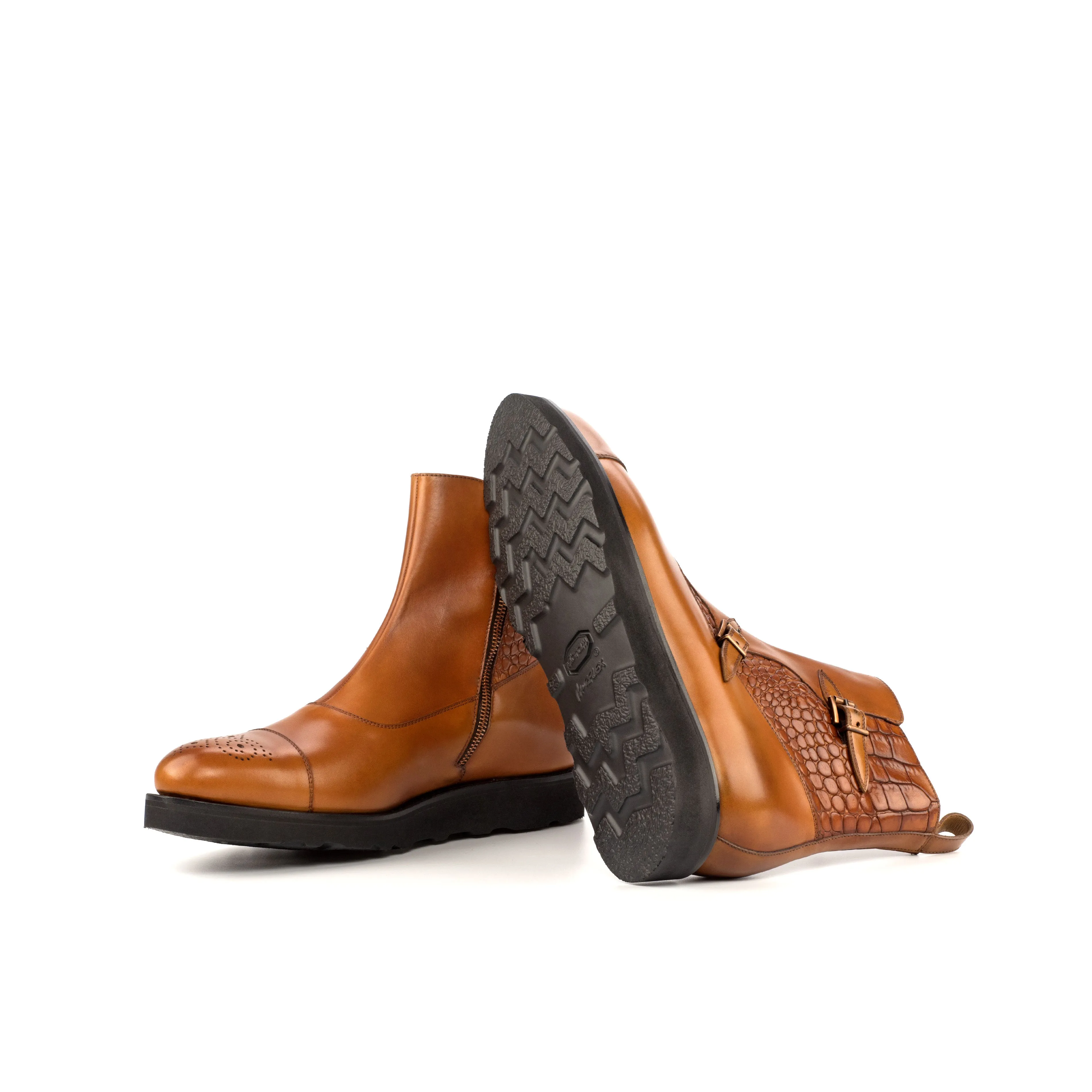 Cognac Calf & Croco Double-Monk Boots