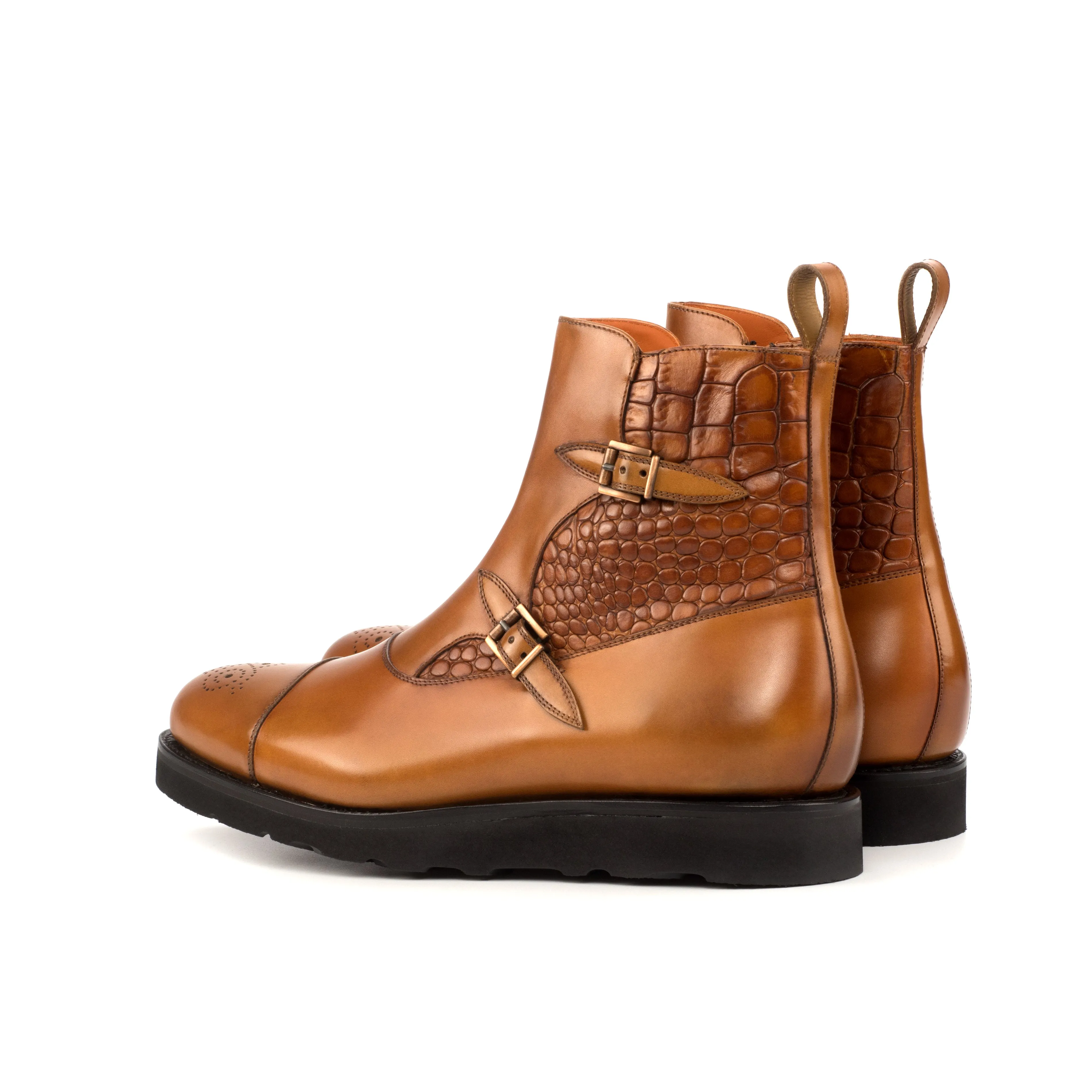 Cognac Calf & Croco Double-Monk Boots
