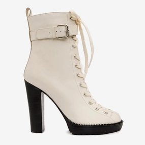 Female Western Boots The Estrada Cream Leather Lace-Up Platform Heel Mid Calf Women Boot
