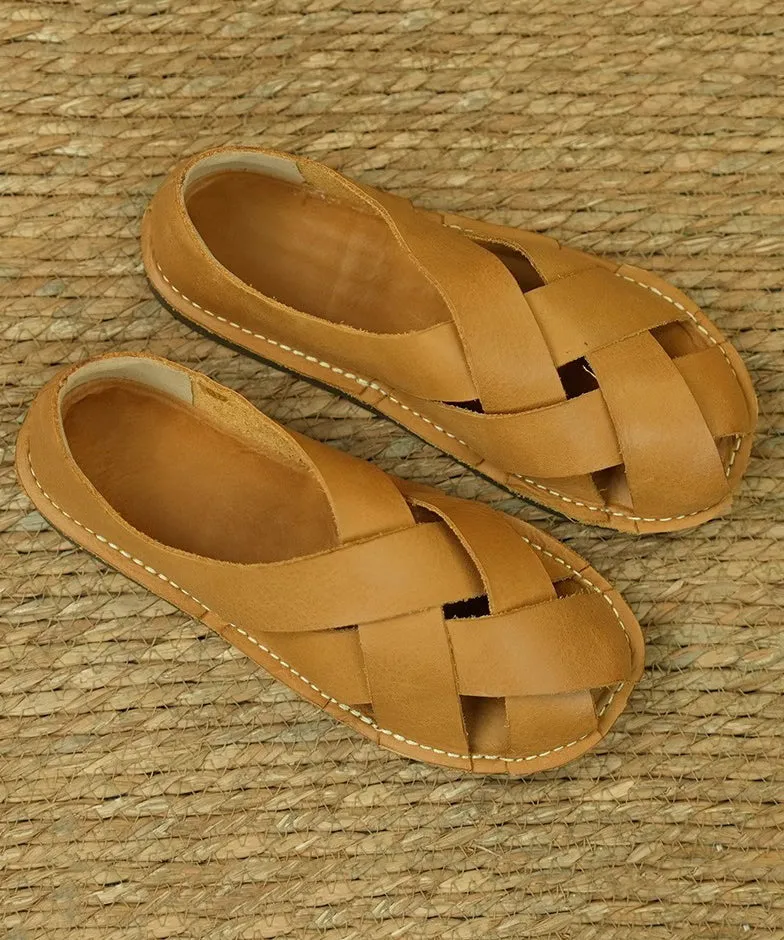 Comfortable Hollow Out Sandals Ginger Cowhide Leather OI020 Draw Sandals