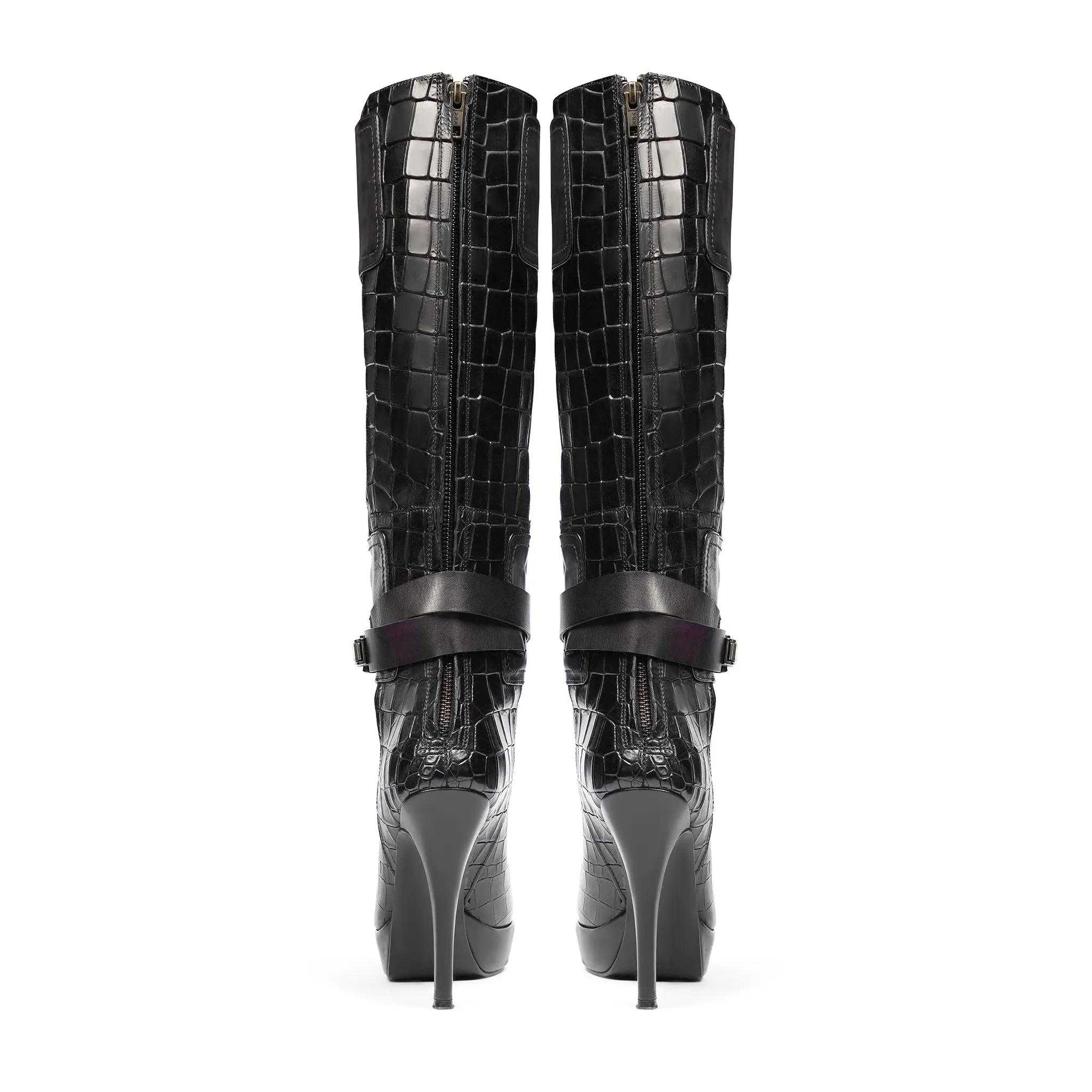 Boots Soccer Agueda - Ladies Black Printed Crocodile Calf Leather Long Boot