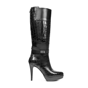 Ankle Heel Boots Agueda - Ladies Black Printed Crocodile Calf Leather Long Boot