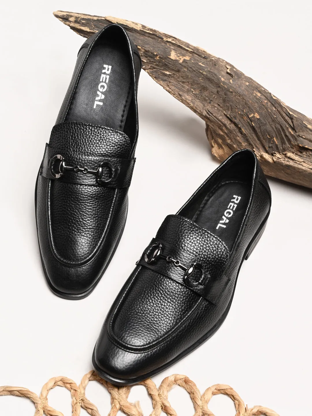 Mens Slip On Regal Black Men Leather Buckled Formal Slip Ons