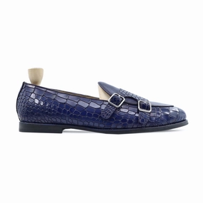 Drobak - Men's Blue Calf Leather Double Monkstrap Loafers Jeans