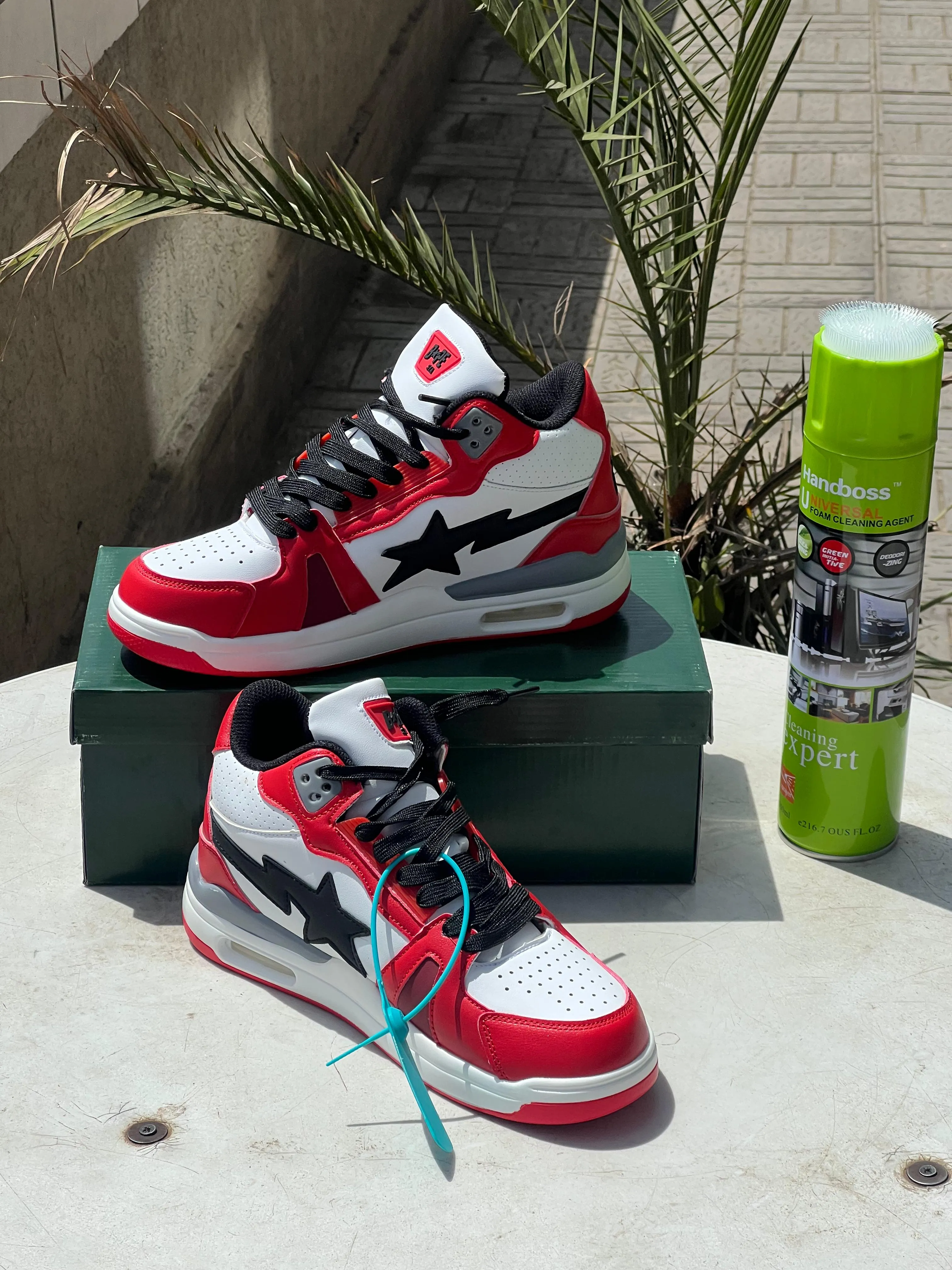 Bape Star High Cut- Red White Black Canvas Or Sneakers