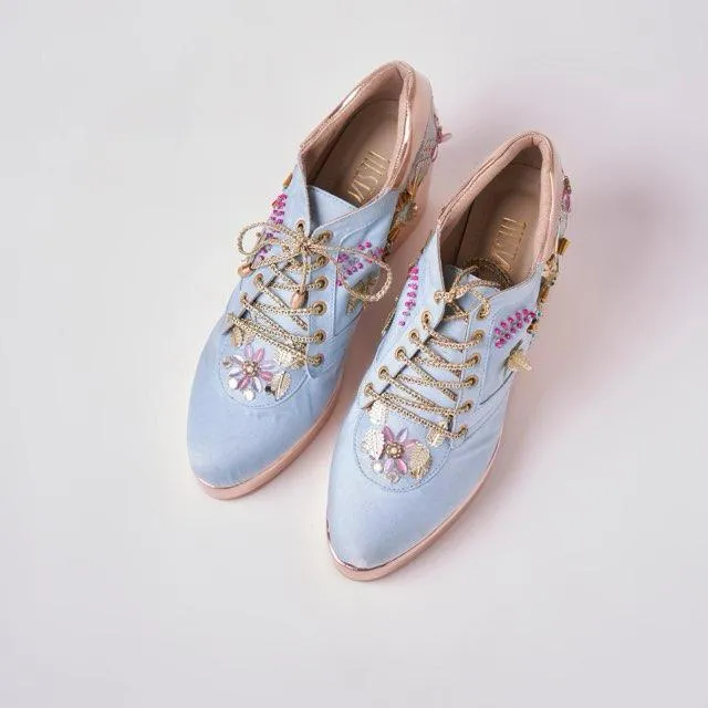Rose Gold AND Blue  Embroidered Bridal Sneaker Wedges - Customized Wedding Shoes Open Toe High Heel Boots
