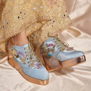Chunky High Heel Rose Gold AND Blue  Embroidered Bridal Sneaker Wedges - Customized Wedding Shoes