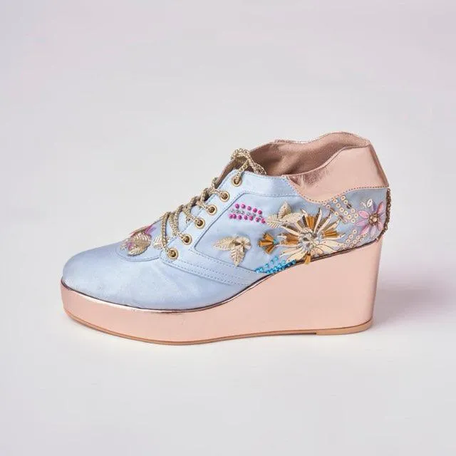 High Heels Race Rose Gold AND Blue  Embroidered Bridal Sneaker Wedges - Customized Wedding Shoes