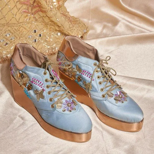Rose Gold AND Blue  Embroidered Bridal Sneaker Wedges - Customized Wedding Shoes High Heel Vintage Sandals