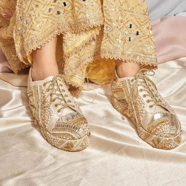 POPPY- Gold Bridal Sneaker Platform Wedges | Tiesta Shoes Extreme High Heel Shoes