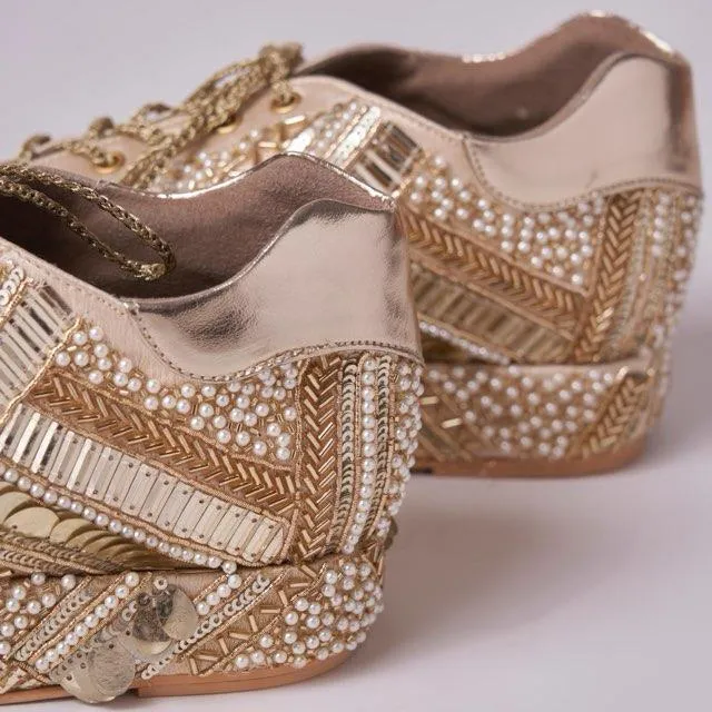 POPPY- Gold Bridal Sneaker Platform Wedges | Tiesta Shoes White Pearl