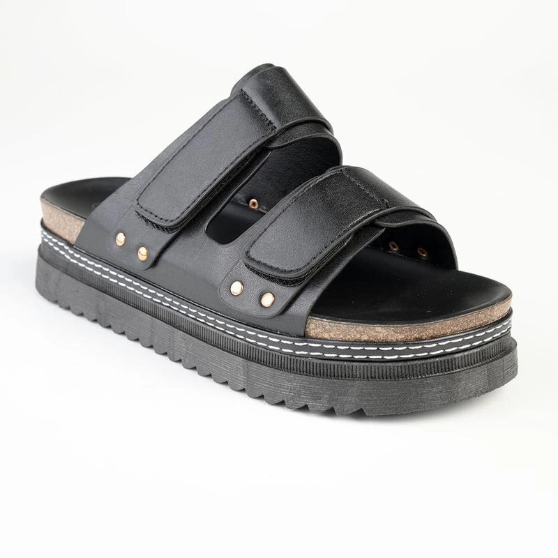 Leather Slip Ons Max Cushion Slip On Slip On Madison JO Double Velcro Strap Sandals - Black