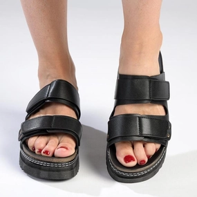 Madison JO Double Velcro Strap Sandals - Black Backless Slip On Loafers