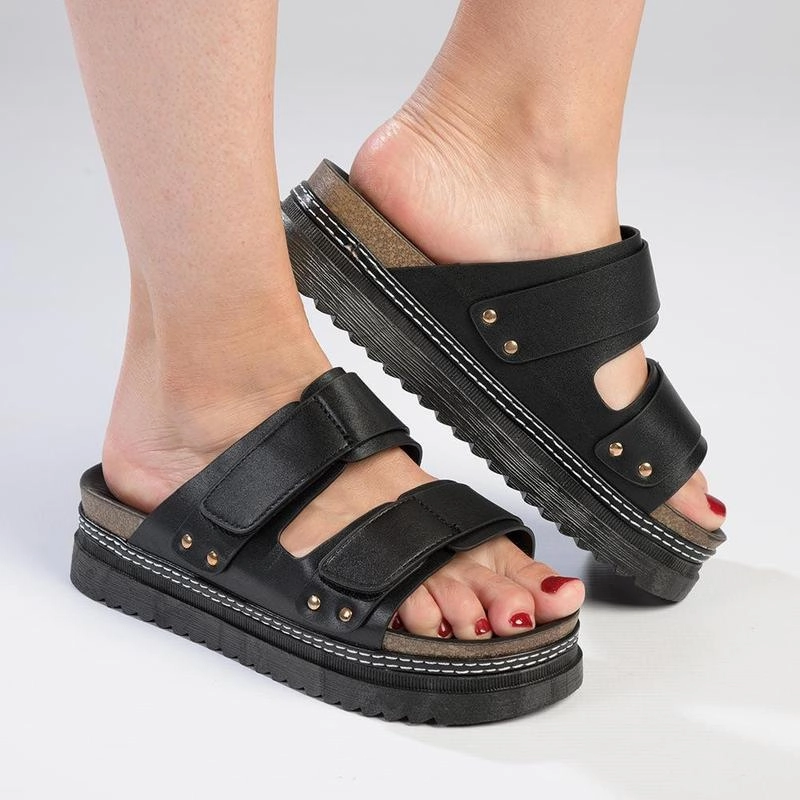 Madison JO Double Velcro Strap Sandals - Black Slip On Arch Fit