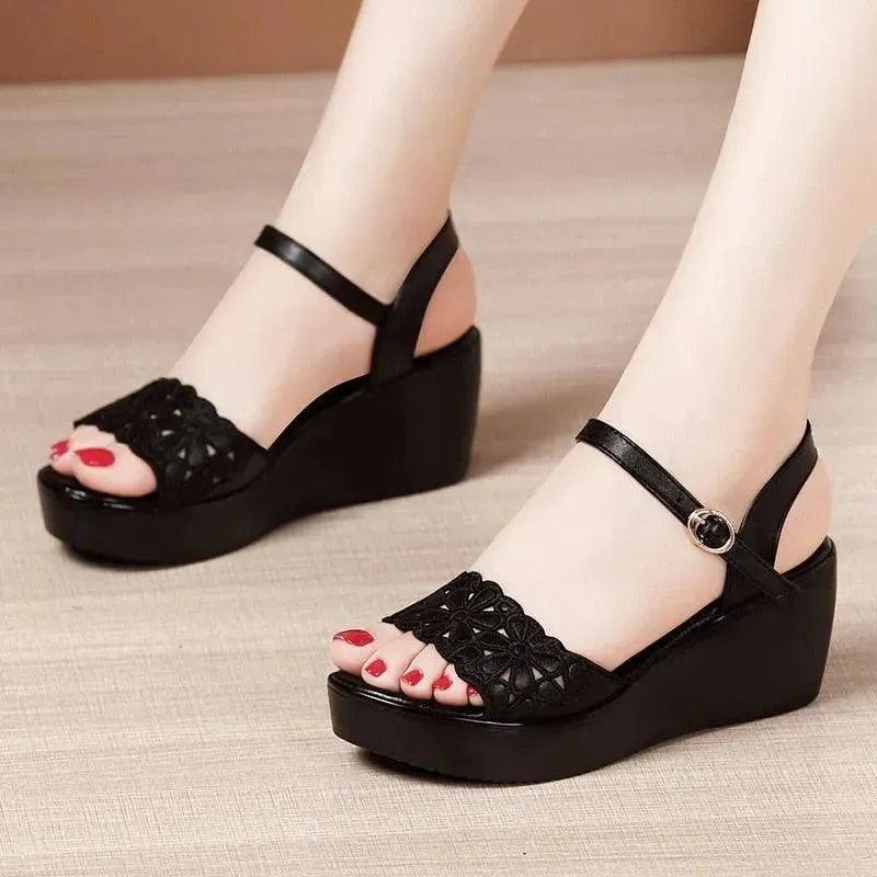 Floral Cut-out Wedge Sandal Shoes Winged Sandals