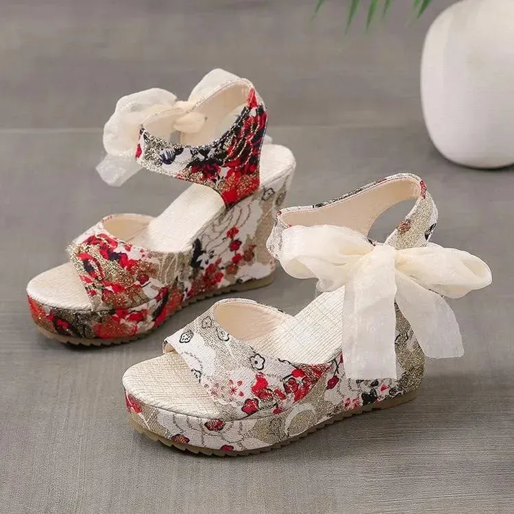 Floral Print Peep Toe Wedge Sandals