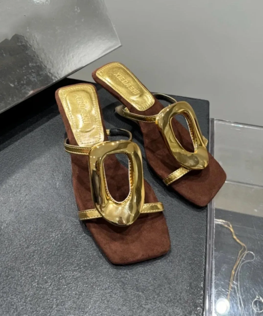 French Splicing Wedge Heels Gold Faux Leather Slide Sandals OI069 Cat Sandals
