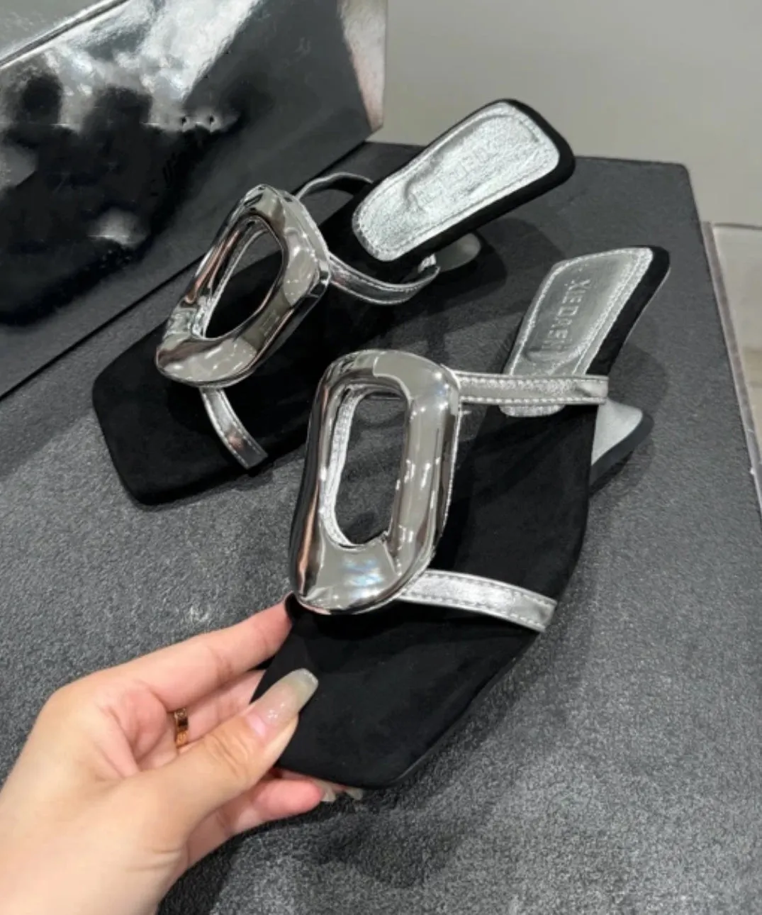 Platform Slide Sandals French Splicing Wedge Heels Gold Faux Leather Slide Sandals OI069