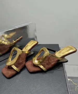 French Splicing Wedge Heels Gold Faux Leather Slide Sandals OI069 Spiked Sandals