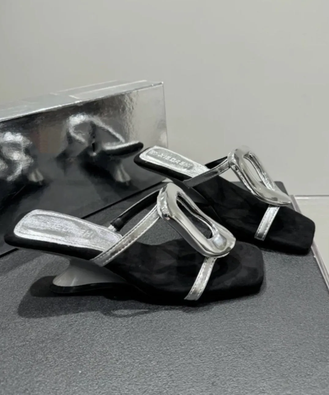 French Splicing Wedge Heels Gold Faux Leather Slide Sandals OI069 Wedding Sandals Low Heel