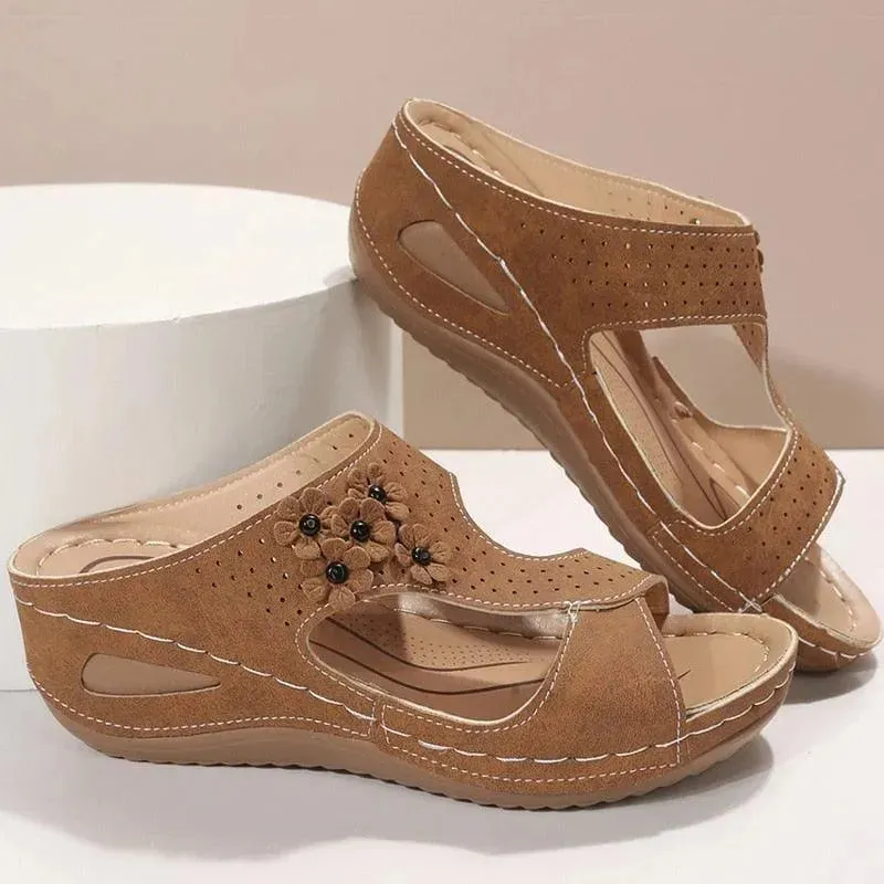 Dress Sandals Flats Stitched Floral Wedge Sandal Shoes