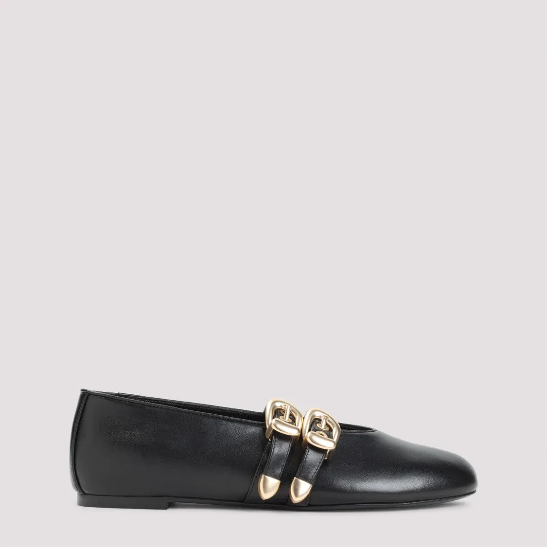 Maven Black Leather Ballerina Golden Flats Shoes
