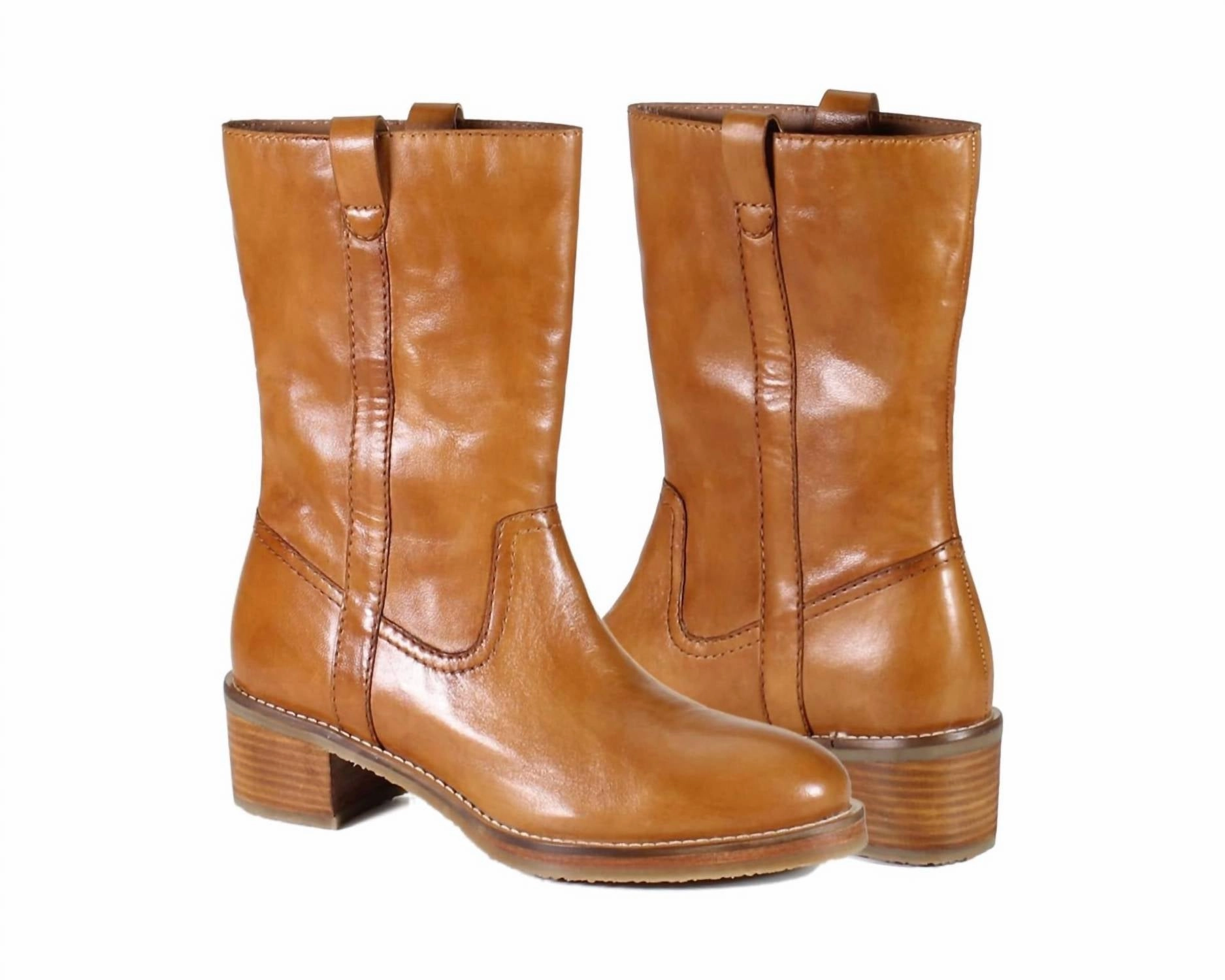 Women's Crush It Mid-Calf Boots In Cognac Leather Motorcycle Boots Wide Calf